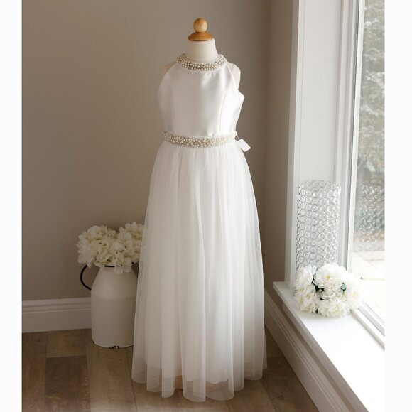Satin Off-White Beaded Flower Girl Formal Dress Pearls Tulle Recital Size 12 - Picture 1 of 6